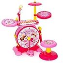 Costzon Kids Electronic Drum & Keyboard Set, 2-in-1 Roll Jazz Drum Kit with Stool, Microphone, MP3, Record & Play, LED Lights, Musical Educational Instrument, Ideal Gift for Boys & Girls (Pink)