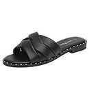 DREAM PAIRS Women' s DSS211 Cute Slip On Studded Flat Open Toe Summer Leather Slides Sandals Black Pu Size 8
