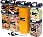 QUATEE Air-Tight Food Container Sets of 7, Kitchen Storage and Pantry Organizers Containers Clear Plastic with Leak-Proof Black Lid, Maker and Stickers…