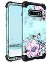 Casetego Compatible with Galaxy S10 Case,Floral Three Layer Heavy Duty Hybrid Sturdy Shockproof Full Body Protective Cover Case for Samsung Galaxy S10,Blue Flower