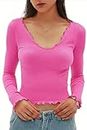CHYRII Womens Fashion Fall Long Sleeve Tops Ruffled Low Cut Basic Layering Tee Shirts Crop Tops, Barbie Pink, X-Small