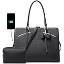 Laptop Tote Bag for Women 15.6 inch Laptop Work Bags with USB Charging Port Computer Bag Waterproof PU Leather Work Briefcase Handbag Purse 2pcs Set Black