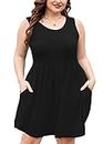 AusLook Plus Size Summer Dress for Women Black 3X Casual Sleeveless Crewneck Pleated Party Midi Dresses with Pockets