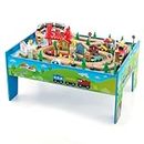 HONEY JOY Wooden Train Table Set, 80-Piece Activity Playset with Reversible & Detachable Tabletop, Colorful Surface, Solid Wood Tracks, Figures, Vehicles, Houses, Suitable for Boys Girls, Multi-Color