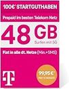 Telekom MagentaMobil Prepaid 5G Jahrestarif SIM-Karte I 48 GB Datenvolumen (4 GB/Monat) & Flat (Min, SMS) in alle dt. Netze + EU-Roaming I Surfen mit 5G/ LTE Max & Hotspot Flat I 100 EUR Startguthaben