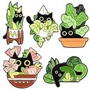 WLLHYF Enamel Pins Set, 5 Pcs Cute Plants Black Cat Pins Kawaii Creative Animal Enamel Brooch Pins DIY Accessories Decor for Backpacks Jackets Jeans
