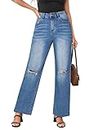 Genleck Women's Wide Leg Ripped Jeans - Stretch High Waisted Baggy Jeans Straight Bootcut Jeans Mom Y2K Trendy Pants Trousers, 03-blue-a, 14