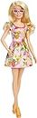 Barbi Fashionistas Doll with Blonde Hair & Fruit Print Dress, Ruffled Sleeves, Orange Platform Heels, Pink Eyeglasses, Toy for Kids