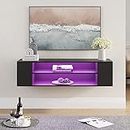 WAMPAT Floating TV Shelf with RGB Lights for 32-55 inch TV, Floating TV Stand Wall Mounted with Adjustable Shelf, 3-Tier Media Console Under TV for Living Room Bedroom, Black