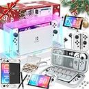 Switch OLED Accessories Bundle 25 in 1 for Nintendo Switch OLED, Gift Kit with LED Display Cover, Carrying Case, Dockable Protective Case etc, Cool OLED Accessories Great Gift (White)