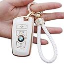 Yumzeco Car Key Cover,4 Buttons Remote Key Fob Cover Compatible with BMW 1 2 3 4 5 6 7 X3 X4 M2 M3 M4 Series, TPU Silicone Key Case Cover, Key Shell with Keychain, Keyless Key Protector White
