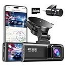 REDTIGER Dash Cam Front Rear, 4K/2.5K Full HD Dash Camera for Cars, Free 32GB Card, Built-in Wi-Fi GPS, 3.18” IPS Screen, Night Vision, 170°Wide Angle, WDR, 24H Parking Mode