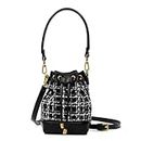 Miraggio Tiara Tweed Drawstring Bucket Handbag with Adjustable & Detachable Sling/Crossbody Strap for Women (Black)