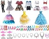VEGCOO 42 PCS Doll Clothes Accessories for Barbie Doll-6 Fashion Dresses 1 Party Gowns 2 Tops Pants 1 Swimsuit Bikini 20 Shoes 6 Crowns, 6 Necklaces 20 Shoes for 11.5 Inch Girl Dolls(No Doll)