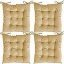Linenovation Microfiber Square Chair Pad/Cushion for Office, Home or Car Sitting with Ties-16 Inch X 16 Inch-Beige-Set of 4