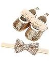 Baby Girls Sequin Glitter Shoes Soft Sole Prewalker Mary Jane Princess Party Dress Crib Shoes with Bowknot Headband (Gold, 0_months)