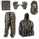 Zicac Outdoor Ghillie Suit Camouflage 5-piece Suit, 3D Leaf Camouflage Uniform, Mask, Gloves, Storage Bag Set, Suitable for Outdoor Hunting, Wildlife Photography, CS Game, Halloween