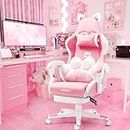 Vigosit Pink Gaming Chiar with Cat Paw Lumbar Cushion and Cat Ears, Ergonomic Computer Chair with Footrest, Reclining Massage Game Chair for Girl, Teen, Kids