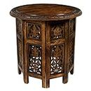 COTTON CRAFT Solid Wood Accent End Table - Hand Carved Vintage Boho Folding Side Table - Small Spaces Entryway Farmhouse Living Room Bedside - No Tools Assembly -18x18 Round - Jaipur Antique Brown