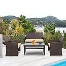 DEVOKO Patio Furniture Set, 4 Pieces Porch Outdoor Furniture Dark Brown Rattan Chairs with Cream Cushions and Table Wicker Conversation Set for Backyard Garden.