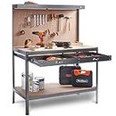 VonHaus Garage Work Bench with Pegboard - Metal and Wooden Workbenches - Suitable for Most Garage Equipment - Garage Workbench Containing - Storage Drawer, Shelf and 20 Hooks - 230kg Capacity
