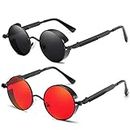 Dollger Vintage Steampunk Retro Metal Round Circle Frame Sunglasses, Two Pairs Pack Black Lens+red Lens, adjustable for any face