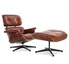 Nicer Furniture® Modern Classic Lounge Chair and Ottoman Cigar Brown 100% Italian Genuine Full Grain Leather with Rosewood Wood Finish