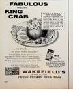 Wakefield's 1958 Fresh-Frozen Giant Alaskan King Crab anuncio impreso década de 1950