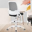 KERDOM Drafting Chair Tall Office Chair Ergonomic Computer Standing Desk Chair Swivel Work Chair with Flip-up Armrests and Adjustable Footrest Ring (933Z-White)