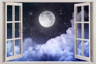 Calcomanía de Luna Llena Noche 3D Vista Ventana PEGATINA DE PARED Decoración del Hogar Arte Mural Estrellas