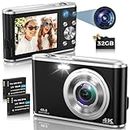 HICSHON Digital Camera, 4K Autofocus Digital Camera with 32G SD Card Front and Rear Dual Cameras, HD 48MP with 2.8"" Large Screen, 16X Digital Zoom, Rechargeable Compact Camera for Beginners (Black), DC306