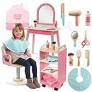 Pretend Hair Salon Wooden Play Set - Full Vanity Mirror Playset w Chair & Rolling Cart- Includes Blow Dryer, Brush, Styling, Cutting Tools & More - Hair Dresser Stylist Fun, Beauty Care for Girls Kids