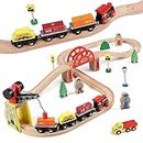 Joqutoys Wooden Train Set for Toddler - 39 Pcs Wooden Train Track Set for Kids with Crane, Bridge - Premium Wood Train Toys for 3+ Year Old Boys & Girls - Fit All Major Bands Train Tracks Set