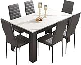 Dining Table Set, High Back Pu Leather Dining Room Chairs & 18mm Thick Table Top 140 x 80cm Wooden Dining Table, 6 Seater Dining Table and Chair Set For Home Kitchen Dining Room Furniture