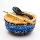 Japanese Ceramic Ramen Bowls Set with Ceramic Spoon, Chopsticks，Lid，38 Ounces Large Capacity Rice Noodle Ramen Bowl for Pho Soup Pasta Salad，Microwavable Oven Safety (Blue)