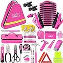 HLWDFLZ Car Roadside Emergency Kit - Pink Assistance with Jumper Cables, Auto Repair Tool Set, Deer Whistles, Winter Safety Assist for Teen Girl and Ladies