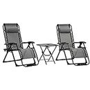 Outsunny 3 Pieces Foldable Patio Lounge Chair, Zero Gravity Chair Set of 2 with Side Table and Cup Holder, Reclining Chairs with Foot Massager Function, Headrest, Grey