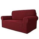 MAXIJIN Super Stretch Couch Cover for 2 Seater Couch, 1-Piece Universal Love Seat Covers Jacquard Spandex Sofa Protector Dogs Pet Friendly Fitted Loveseat Slipcover (2 Seater, Wine Red)