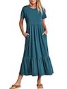 ANRABESS Women Summer Casual Short Sleeve Crewneck Aline Swing Flowy Tiered Shirt Maxi Beach Long Dress 2024 Trendy Outfits Large Teal Blue