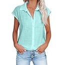 Ceboyel Shirts for Women Trendy Summer Cotton Linen Short Sleeve Tops Collared Button Down Causal Blouse Laides Clothing 2023, J013-mint Green, 5X-Large