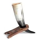 Norse Tradesman Genuine Ox-Horn Viking Drinking Horn with Solid Wood Stand Engraved with Thor's Hammer | Burlap Gift Sack Included | "The Mjolnir", Polished, 30 cm