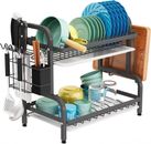 2-Tier Dish Rack Plate Cup Drying Drainer Storage Drip Tray Cutlery Holder Home