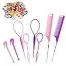CARILI Topsy Tail Hair Tools, 208pcs Hair Styling Tools for Girls, 2pcs Rat Tail Comb 4pcs French Braiding Tool Hair Loop Styling Tool 2pcs Elastic Hair Rubber Bands Cutter, 200 Colored Children Rubber Bands for Children Girls