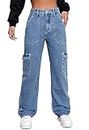 Alaster Queen Women's Jeans High Waist Trendy Cargo Jeans Stretch Wide Leg Denim Trousers, A-Denim Blue, XXL