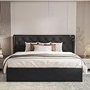 Aykah Upholstered Tufted Storage Bed, Foam Filled Fabric, Low Profile Platform, Metal Bed Frame with High Headboard, Wood Slat Support, Modern Design (Dark Grey, King (U.S. Standard))