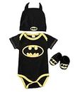 Aunaeyw Newborn Infant Baby Boy Girl Batman Rompers+Shoes+Hat Outfits 3Pcs Set Clothes Gift Batman Cloth Suit Babysuit (Short Sleeve, 0-6 Months)