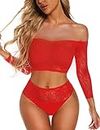 RSLOVE Womens Lingerie Set Sexy Fishnet Bodysuit 2 Piece Babydoll Nightwear Red One Size