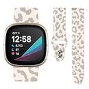 Shesyuki Printed Soft Silicone Watch Band Compatible with Fitbit Versa 3/Versa 4/Sense and Sense 2 Smart Watch, Leopard Printing Size Extended Strap for Women (Leopard-beige)