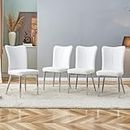 LUSPAZ Modern Dining Chairs Set of 4, PU Leather Seat Cushions White Dining Room Chair, with Silver Metal Legs Kitchen Chair for Home Living Room, Restaurant