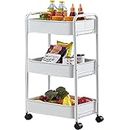 Sagrach 3 Tier Metal Rolling Cart Organizer with Wheels Rolling Cart Storage Shelves with 4 Side Hooks Cover Board & Casters for Office Home Bedroom Kitchen Organization, 1Pc(White Color)